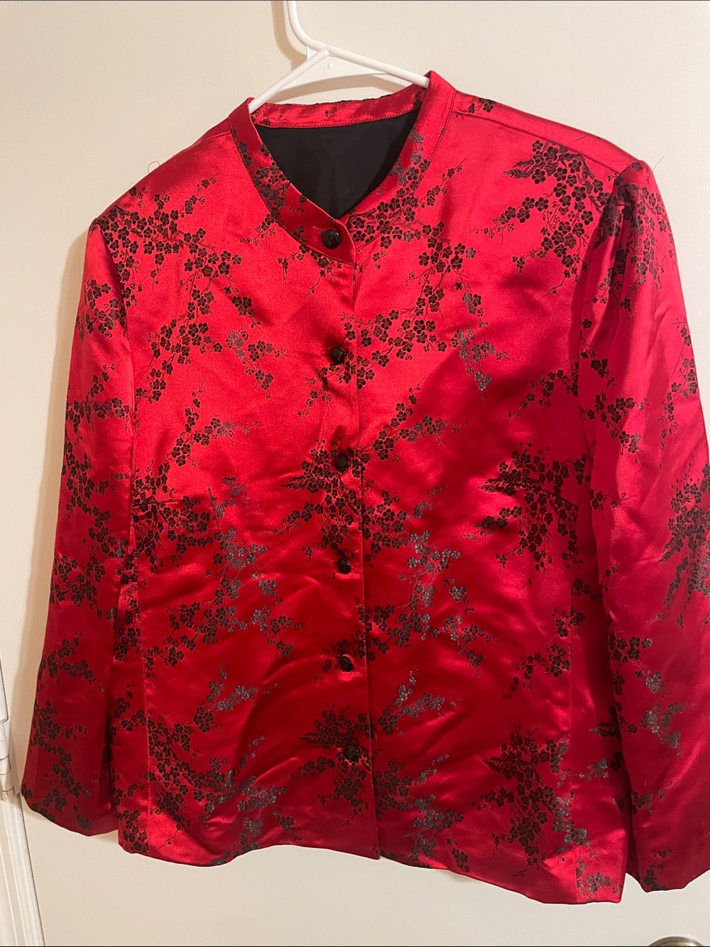 Vintage Red Silk Satin Brocade Tang Jacket Mandarin Collar Floral Print